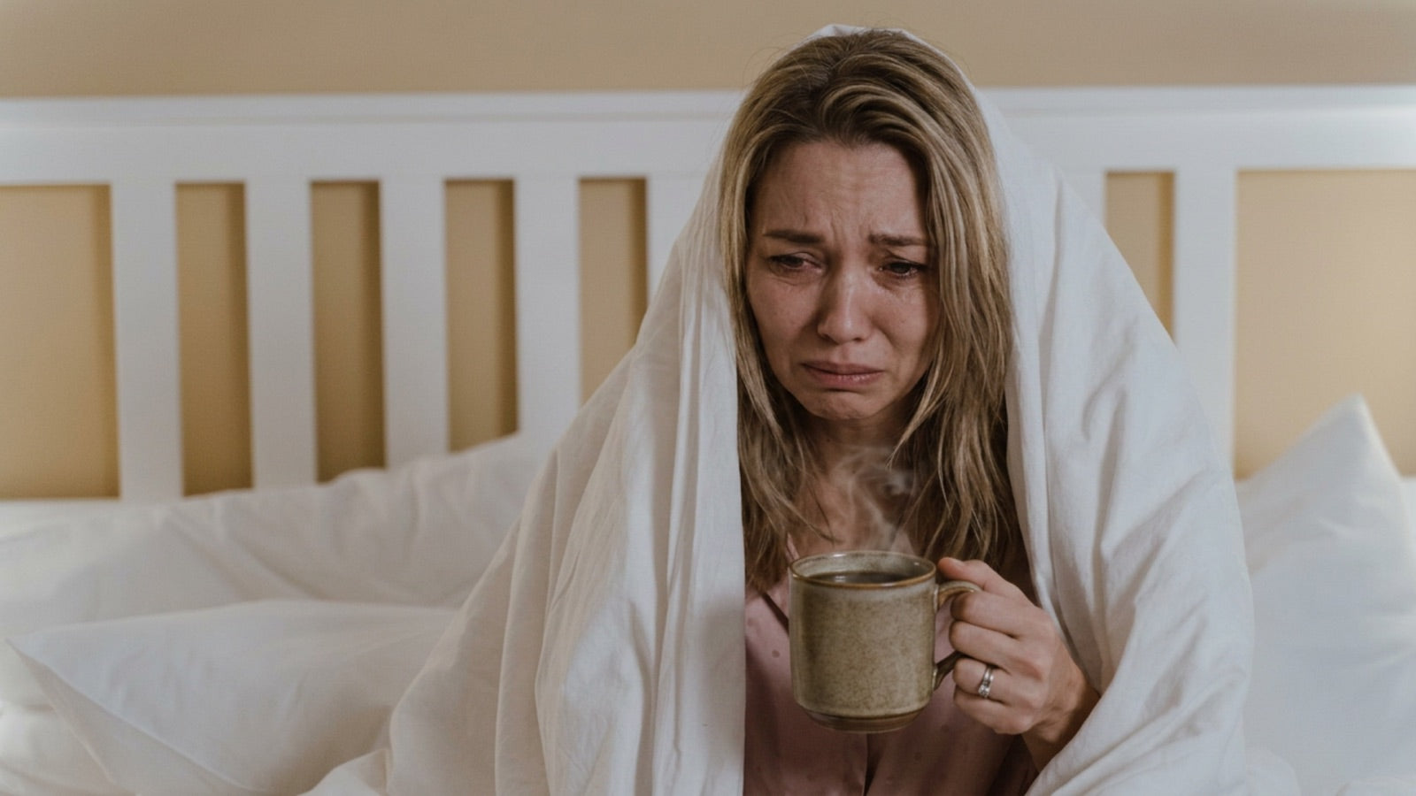 Woman waking up feeling worn out